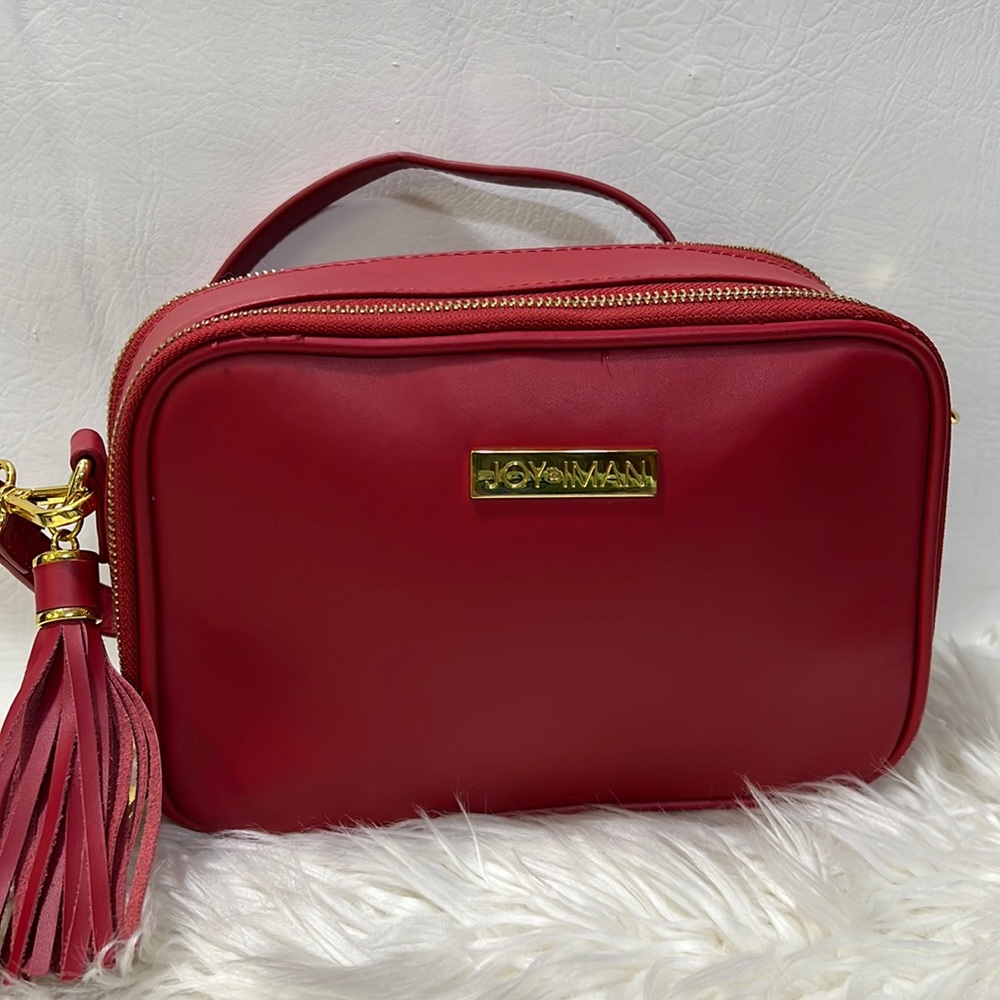 Joy & Iman Red Leather Camera Crossbody Purse Bag